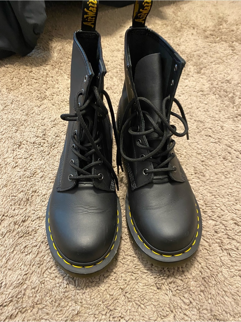 Dr. Martens  Black Leather Lace-Up Boots with Yellow Stitching